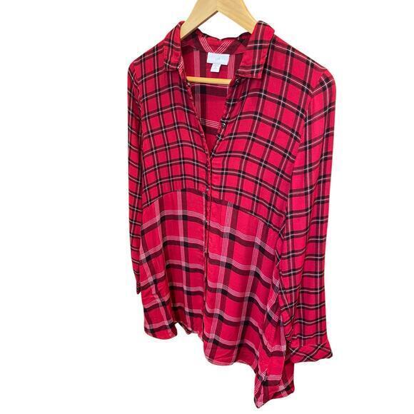 J.Jill Red & Black Tartan Plaid A-Line Tunic Long Button Down Collared Shirt XS - Picture 10 of 17
